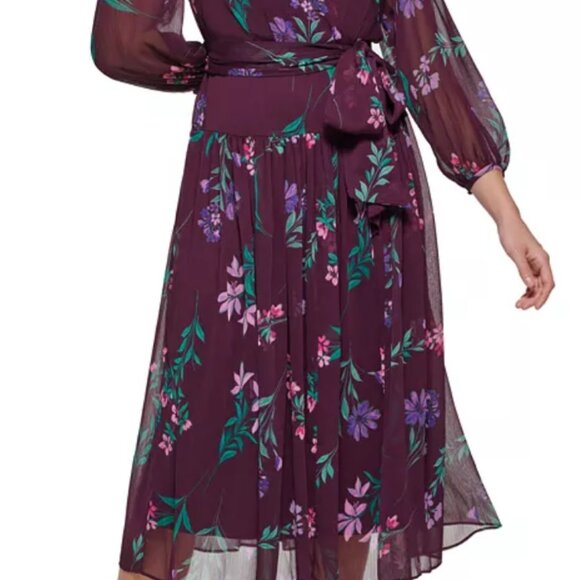 Calvin Klein Dresses & Skirts - Calvin Klein Floral Plum Chiffon Wrap Dress | Size 12 | 3/4 Sleeve